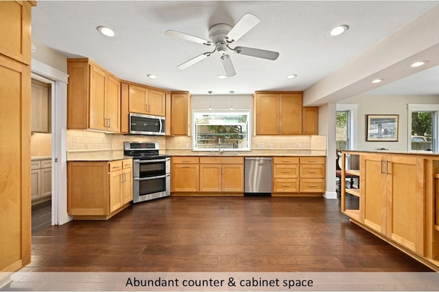 kitchen with dark wood-style floors, tasteful backsplash, stainless steel appliances, and light countertops