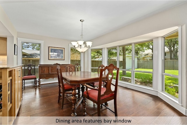 dining room with dark wood-type flooring, a wealth of natural light, and an inviting chandelier