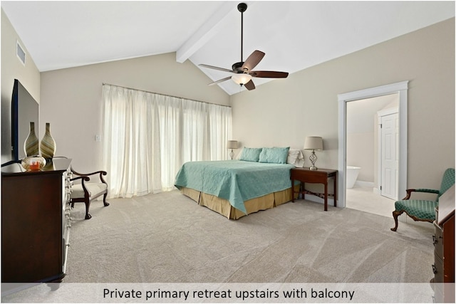 bedroom featuring vaulted ceiling with beams, connected bathroom, light colored carpet, a ceiling fan, and visible vents