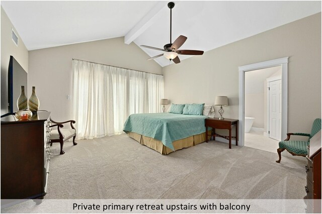 9903 Richelieu Rd, Austin, TX 78750 - bedroom with visible vents, lofted ceiling with beams, carpet, and a ceiling fan