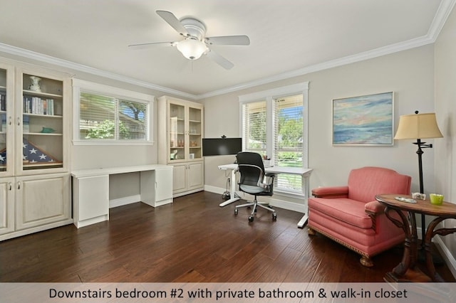 office with dark wood-style floors, ceiling fan, ornamental molding, and baseboards