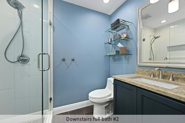 bathroom with visible vents, baseboards, toilet, vanity, and a shower stall