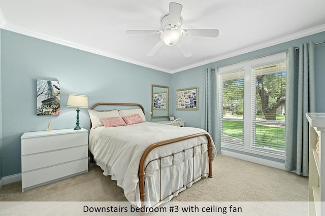 9903 Richelieu Rd, Austin, TX 78750 - carpeted bedroom with crown molding, a ceiling fan, and baseboards