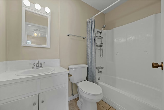 full bathroom featuring shower / bath combo with shower curtain, vanity, toilet, and tile patterned floors