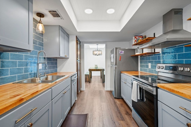 kitchen with extractor fan, butcher block countertops, visible vents, appliances with stainless steel finishes, and a tray ceiling