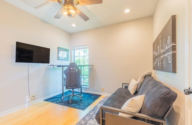 home office featuring ceiling fan, recessed lighting, wood finished floors, and baseboards