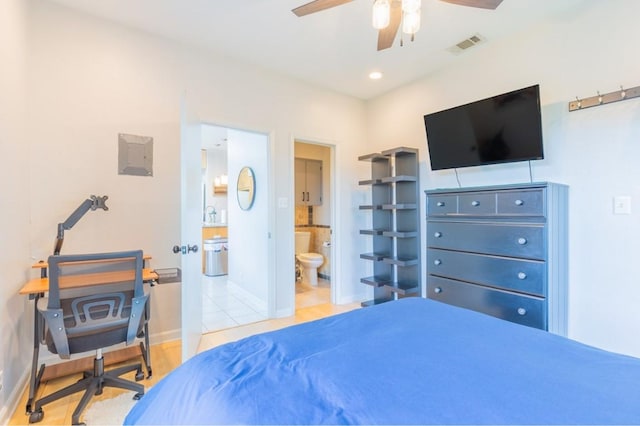 bedroom with recessed lighting, visible vents, baseboards, and ensuite bathroom