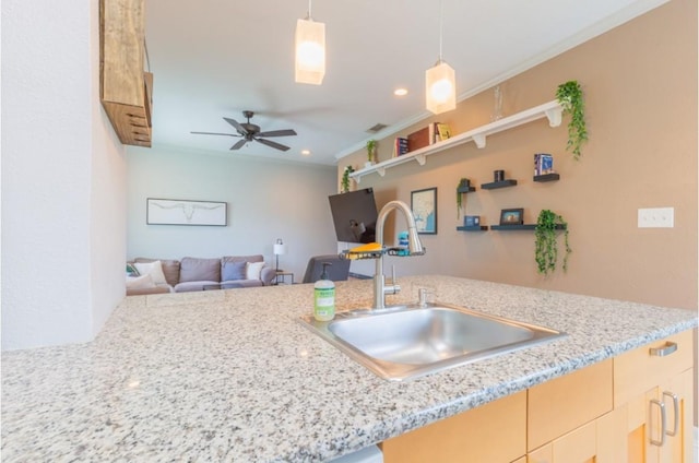 kitchen featuring open floor plan, a sink, a peninsula, and light stone countertops