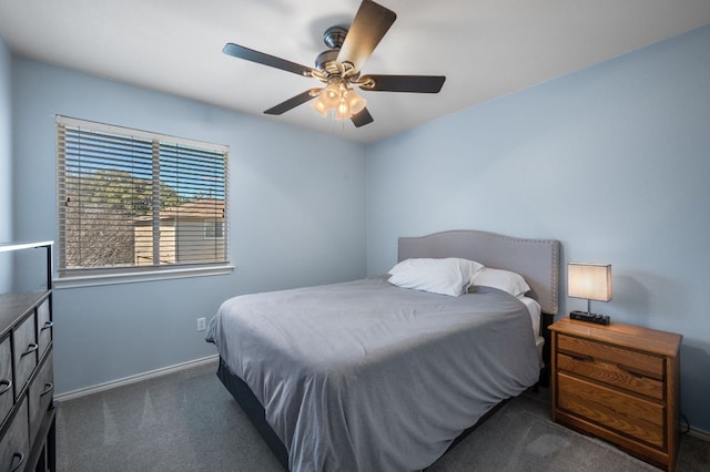 bedroom featuring ceiling fan, dark carpet, and baseboards