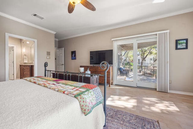 bedroom featuring baseboards, visible vents, ceiling fan, ornamental molding, and access to exterior