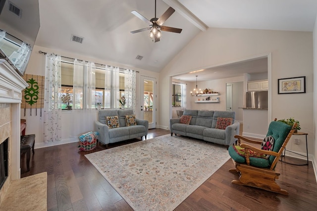 living area featuring visible vents, a fireplace, beam ceiling, and dark wood-style flooring