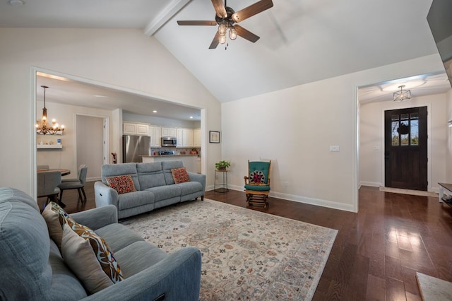 living room with baseboards, dark wood-style floors, high vaulted ceiling, beam ceiling, and ceiling fan with notable chandelier