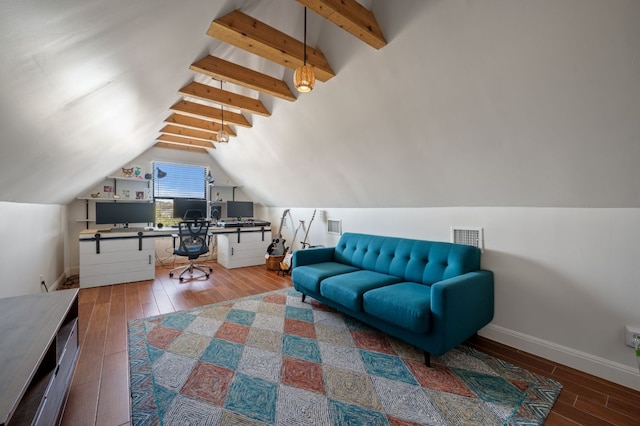 interior space with visible vents, lofted ceiling with beams, baseboards, and wood finished floors