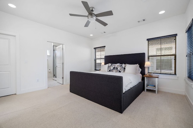 bedroom featuring recessed lighting, visible vents, baseboards, and light colored carpet