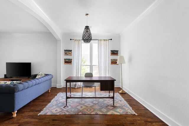 home office with baseboards, crown molding, arched walkways, and dark wood-style flooring