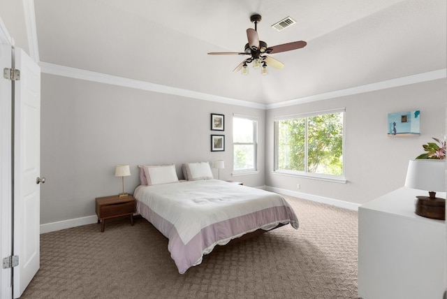 bedroom featuring carpet floors, visible vents, baseboards, and ornamental molding