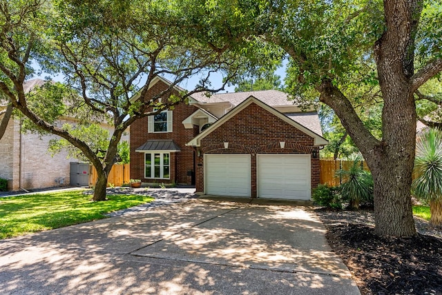 traditional-style house featuring a garage, brick siding, fence, concrete driveway, and roof with shingles