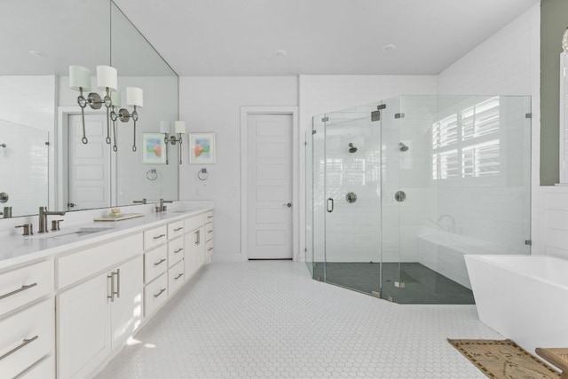 bathroom with a sink, a shower stall, and double vanity