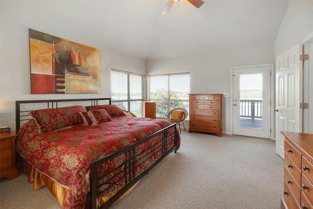 2802 Truman Cv, Lago Vista, TX 78645 - bedroom featuring light colored carpet, ceiling fan, and access to exterior