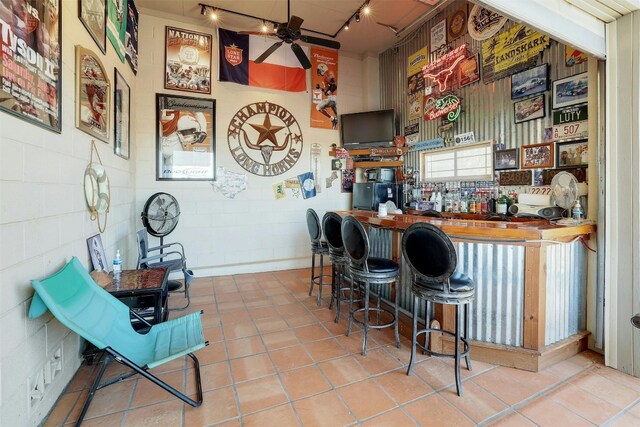 2802 Truman Cv, Lago Vista, TX 78645 - indoor dry bar featuring track lighting, ceiling fan, and tile patterned flooring