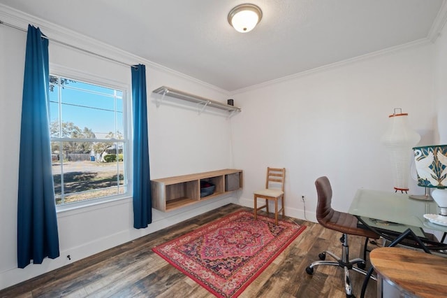 home office featuring ornamental molding, baseboards, and wood finished floors