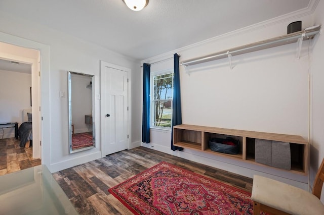 interior space featuring crown molding, baseboards, and wood finished floors