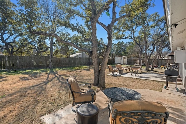 view of yard with a patio area, a fenced backyard, a shed, and an outbuilding