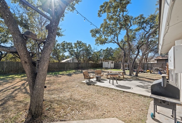 view of yard featuring a patio area, a fenced backyard, an outdoor structure, and a storage unit