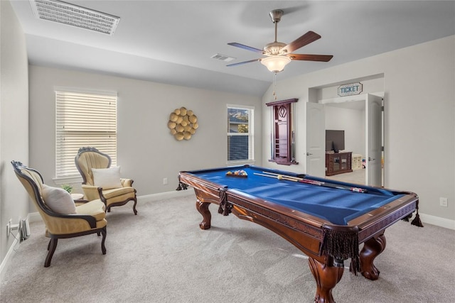 game room with a healthy amount of sunlight, visible vents, and carpet flooring