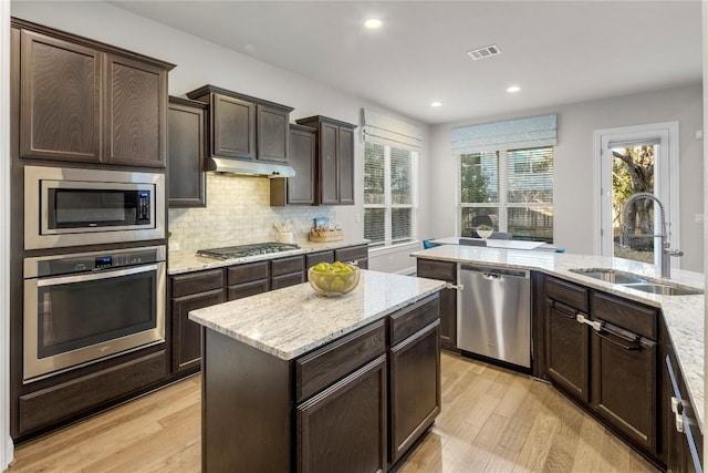 kitchen with tasteful backsplash, stainless steel appliances, light wood-type flooring, under cabinet range hood, and a sink