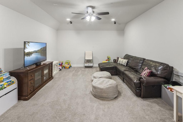 living room featuring carpet, vaulted ceiling, recessed lighting, and ceiling fan