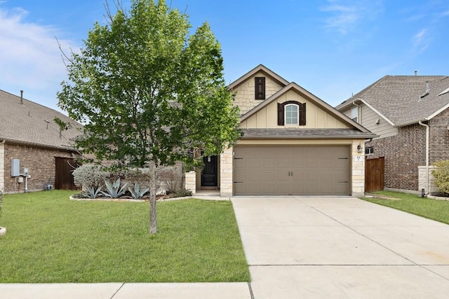 craftsman-style house with an attached garage, driveway, stone siding, board and batten siding, and a front yard