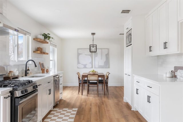 kitchen with a sink, visible vents, light countertops, appliances with stainless steel finishes, and ventilation hood