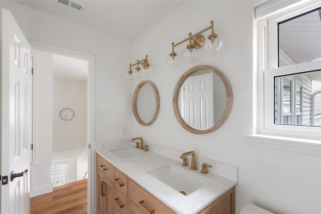 bathroom featuring visible vents, a sink, and double vanity