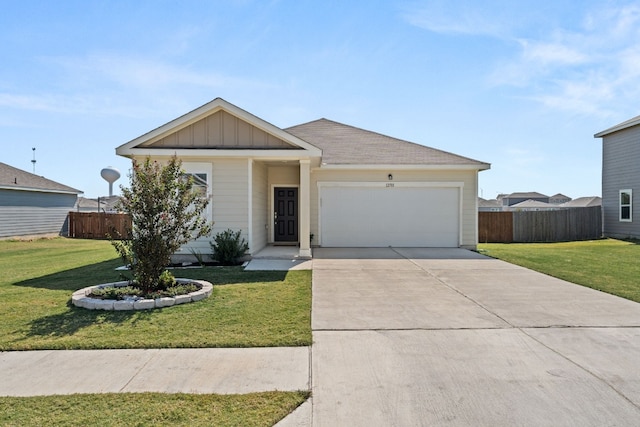 single story home with an attached garage, driveway, fence, and board and batten siding