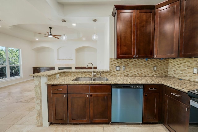 kitchen featuring ceiling fan, a sink, light stone countertops, dishwasher, and tasteful backsplash