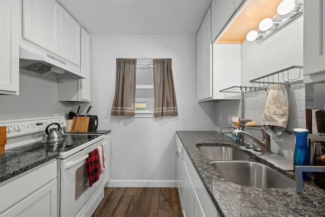 kitchen with white cabinets, electric stove, dark wood-style floors, under cabinet range hood, and a sink