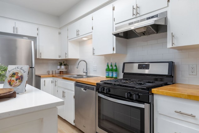 kitchen featuring under cabinet range hood, stainless steel appliances, a sink, white cabinetry, and tasteful backsplash