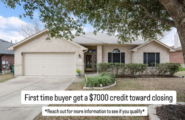 single story home featuring an attached garage, brick siding, driveway, and roof with shingles