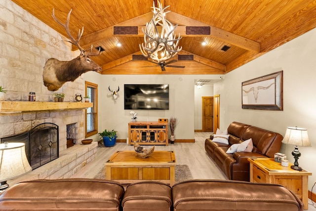 living room with visible vents, wood ceiling, wood finished floors, vaulted ceiling with beams, and a fireplace