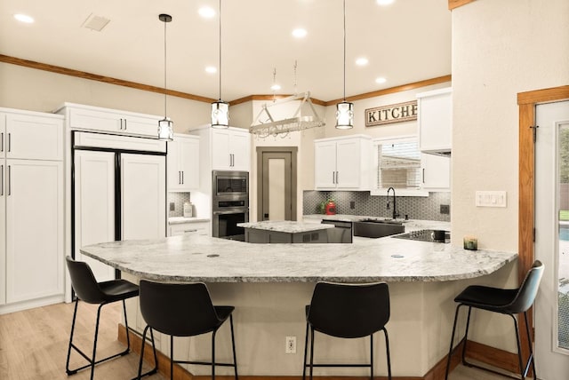 kitchen featuring crown molding, backsplash, light wood-style floors, a sink, and built in appliances