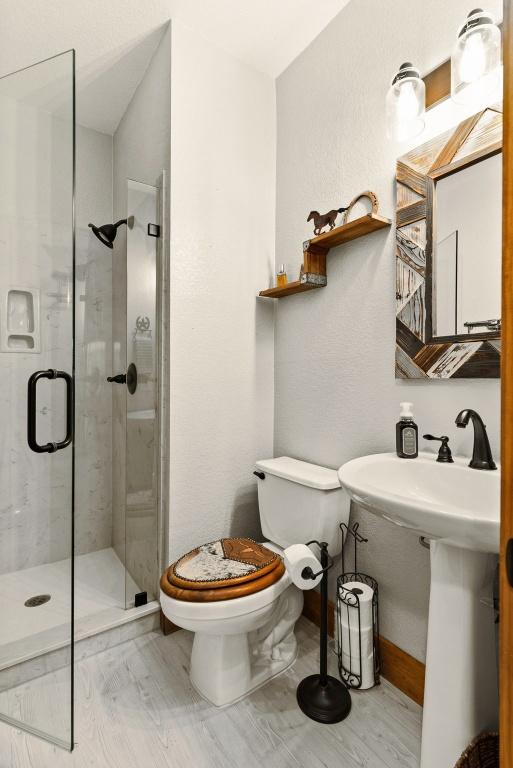 bathroom featuring toilet, a stall shower, and a sink