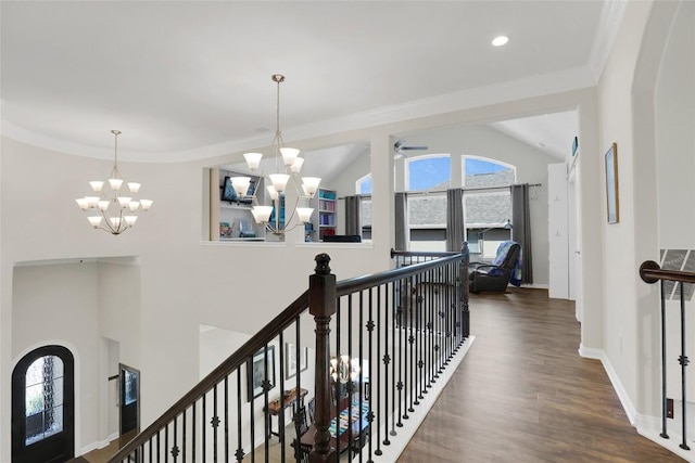 4104 Belisario Ct, Leander, TX 78641 - hall with a chandelier, wood finished floors, an upstairs landing, and lofted ceiling