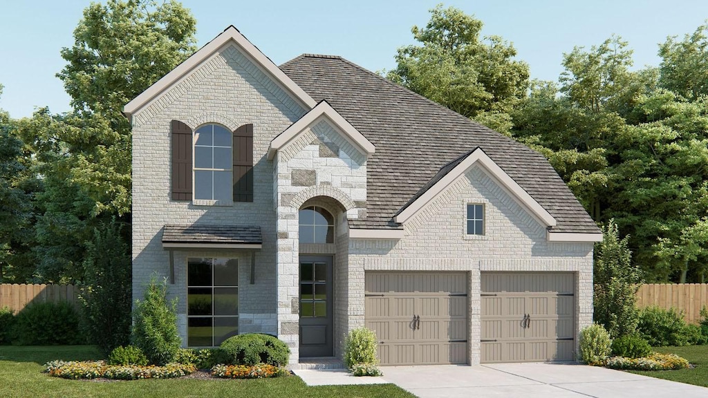 french country inspired facade with brick siding, an attached garage, fence, stone siding, and driveway