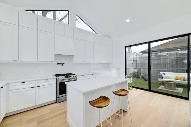 kitchen with tasteful backsplash, premium range hood, light countertops, and gas stove