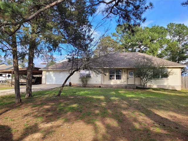 ranch-style home with a front yard, concrete driveway, fence, and an attached garage