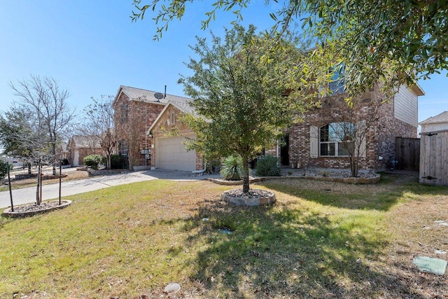 view of front of home with a garage, concrete driveway, fence, a front lawn, and brick siding