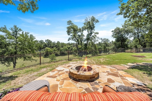 view of patio / terrace featuring a fire pit and a fenced backyard