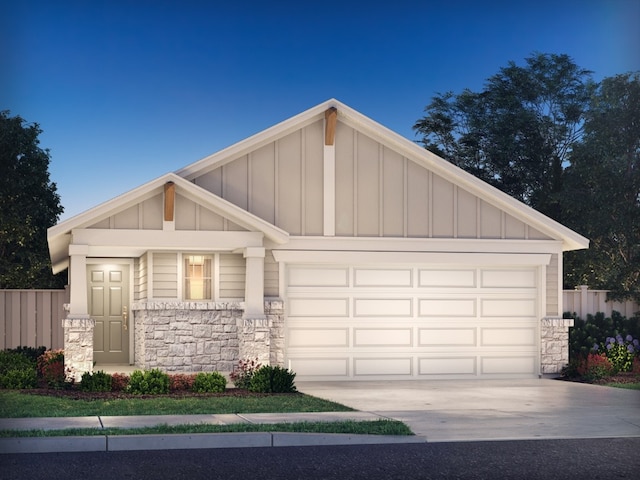 view of front facade featuring driveway, stone siding, an attached garage, fence, and board and batten siding