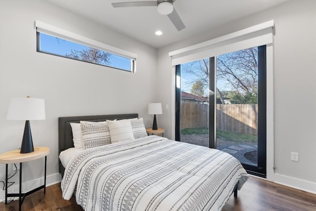 bedroom featuring ceiling fan, recessed lighting, wood finished floors, baseboards, and access to outside